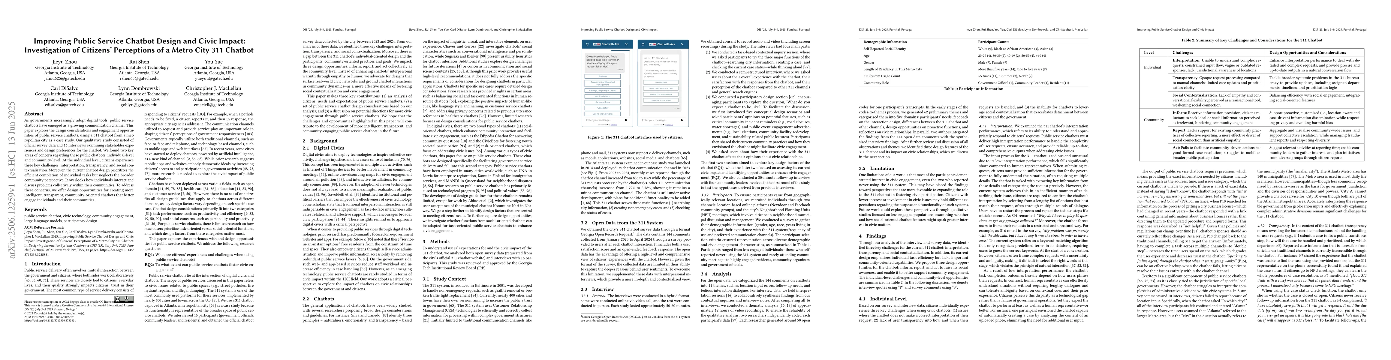 Thumbnail for Improving Public Service Chatbot Design and Civic Impact: Investigation
  of Citizens' Perceptions of a Metro City 311 Chatbot