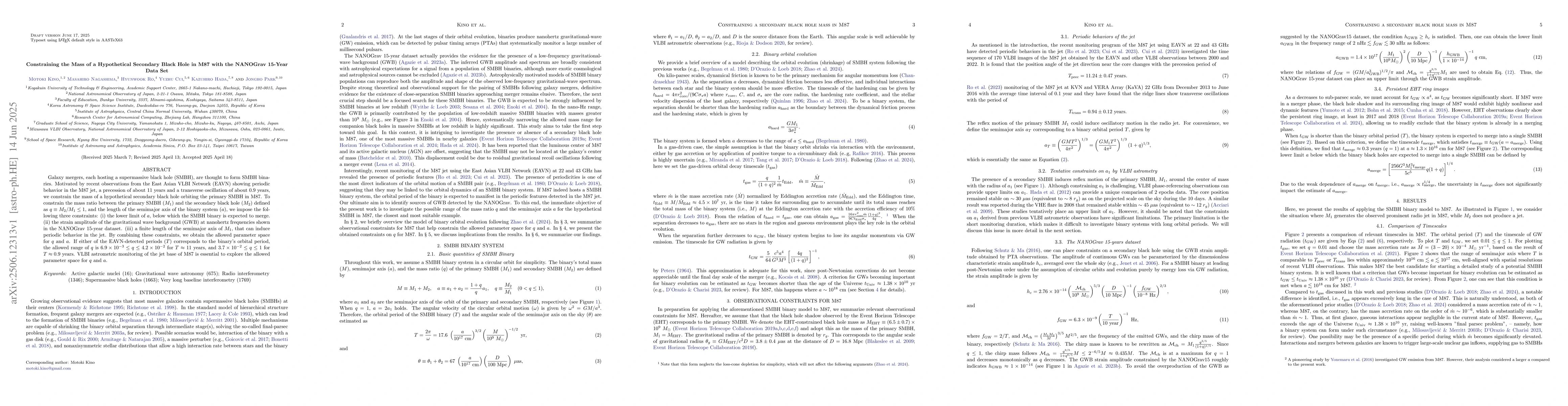 Thumbnail for Constraining the Mass of a Hypothetical Secondary Black Hole in M87 with
  the NANOGrav 15-Year Data Set