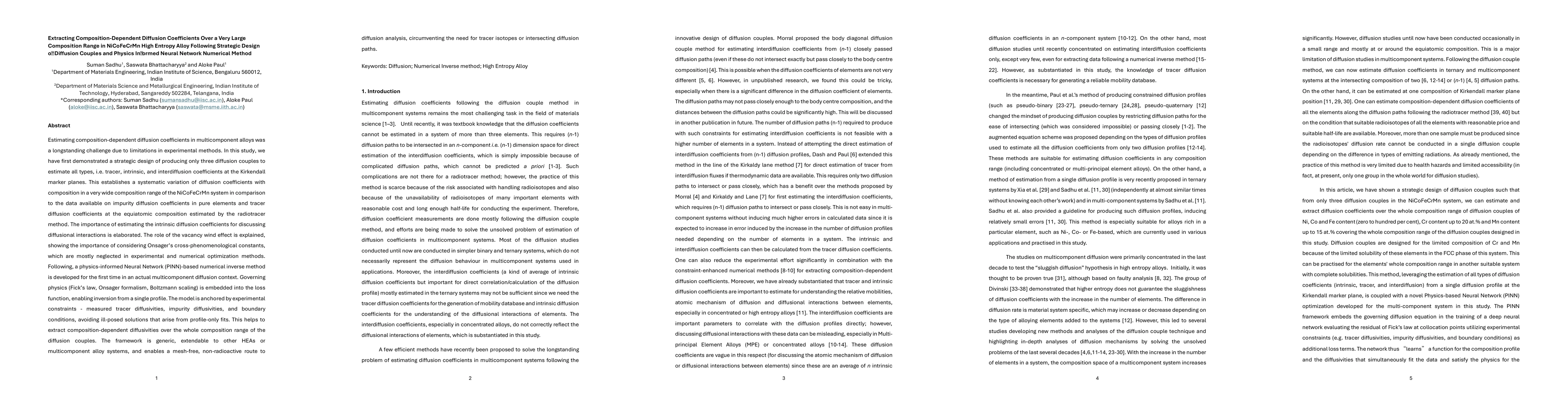 Thumbnail for Extracting Composition-Dependent Diffusion Coefficients Over a Very
  Large Composition Range in NiCoFeCrMn High Entropy Alloy Following Strategic
  Design of Diffusion Couples and Physics Informed Neural Network Numerical
  Method
