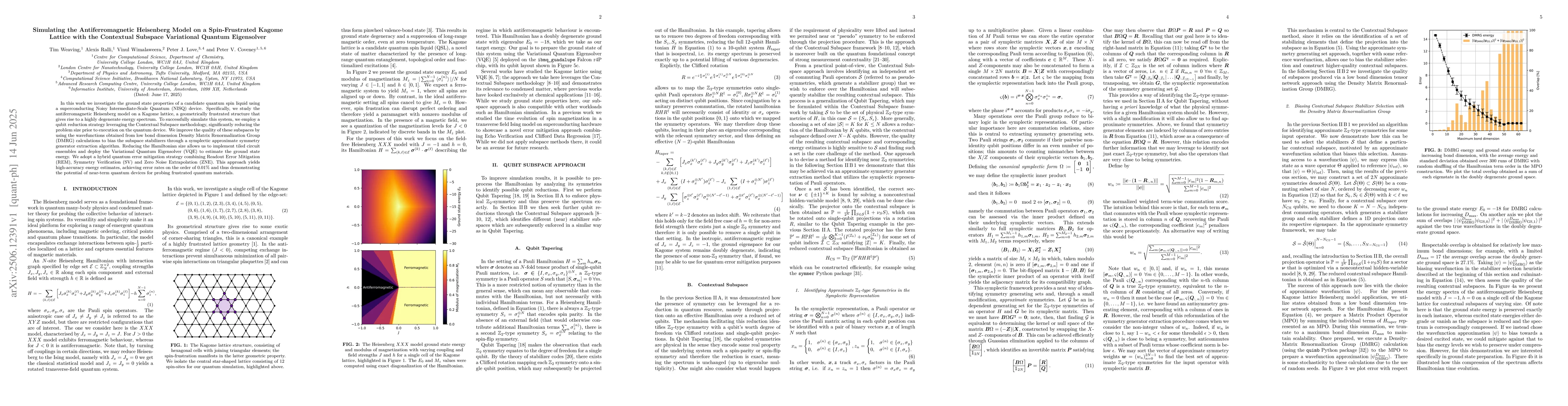 Thumbnail for Simulating the Antiferromagnetic Heisenberg Model on a Spin-Frustrated
  Kagome Lattice with the Contextual Subspace Variational Quantum Eigensolver