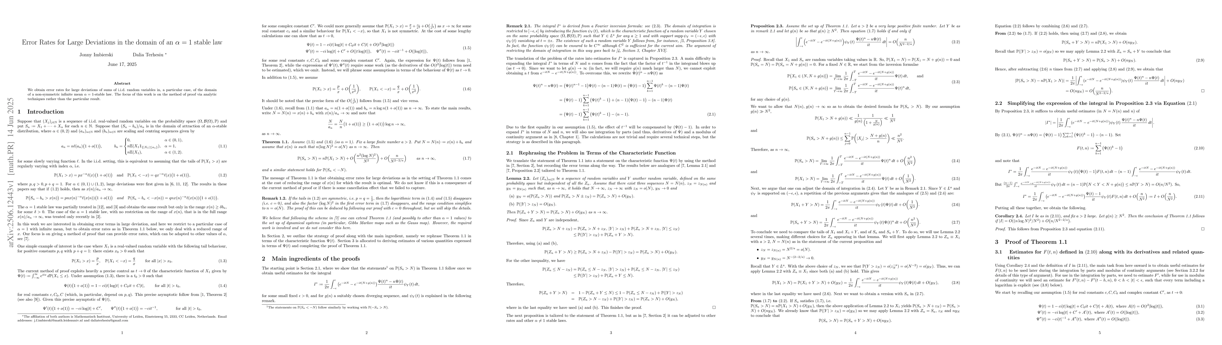 Thumbnail for Error Rates for Large Deviations in the domain of an $α=1$ stable
  law