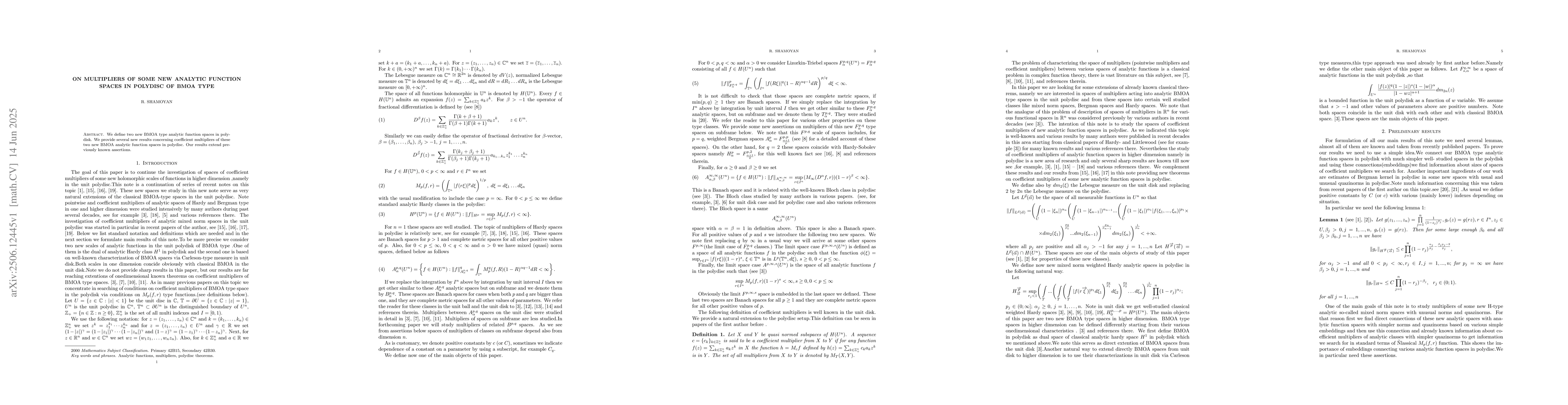 Thumbnail for On multipliers of some new analytic function spaces in polydisc of BMOA
  type