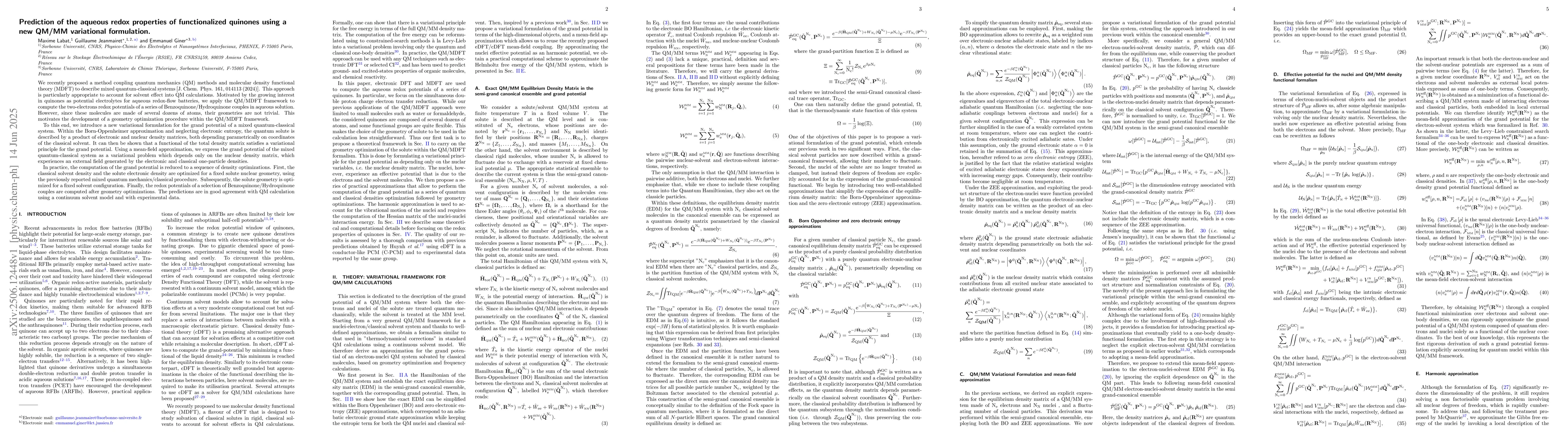 Thumbnail for Prediction of the aqueous redox properties of functionalized quinones
  using a new QM/MM variational formulation