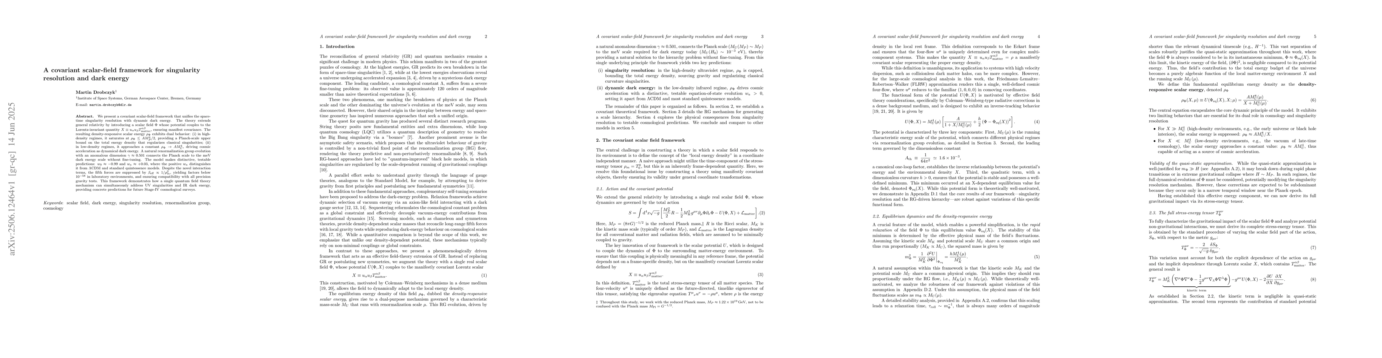 Thumbnail for A covariant scalar-field framework for singularity resolution and dark
  energy