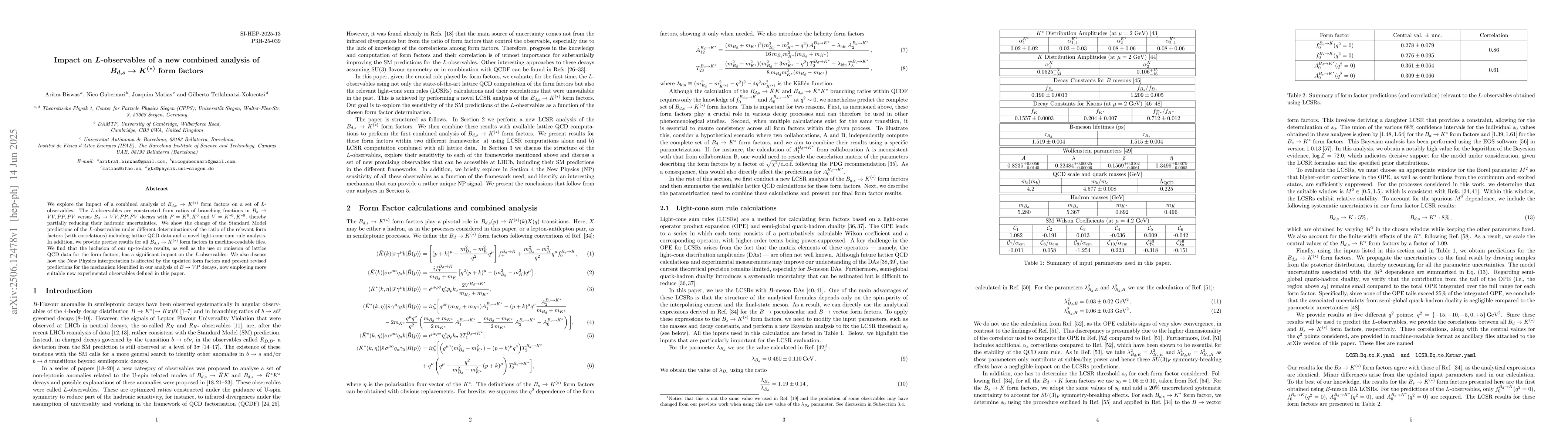 Thumbnail for Impact on $L$-observables of a new combined analysis of $B_{d,s}\to
  K^{(*)}$ form factors