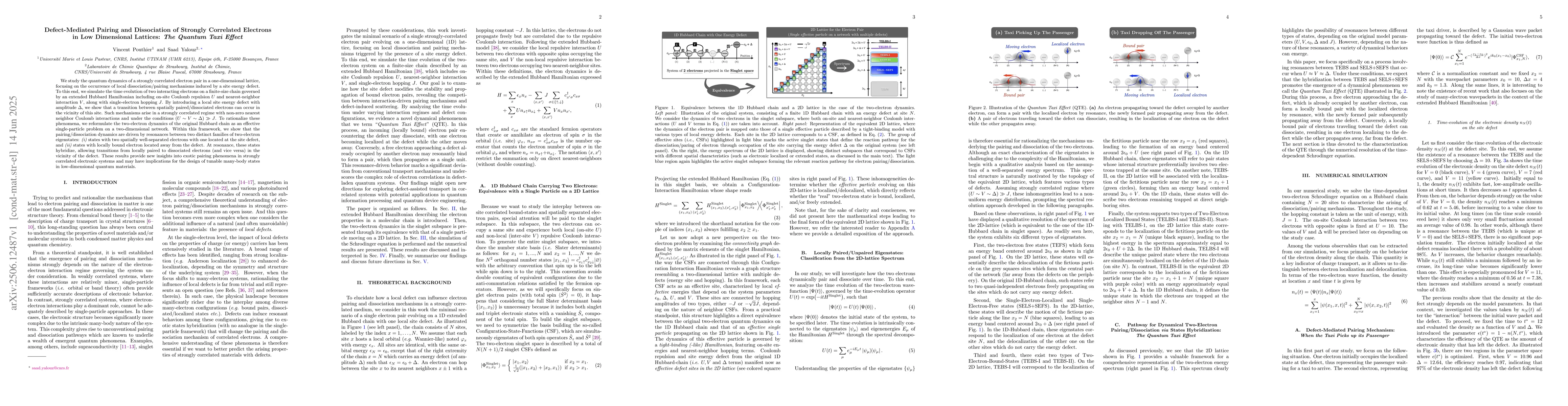 Thumbnail for Defect-Mediated Pairing and Dissociation of Strongly Correlated
  Electrons in Low Dimensional Lattices: The Quantum Taxi Effect