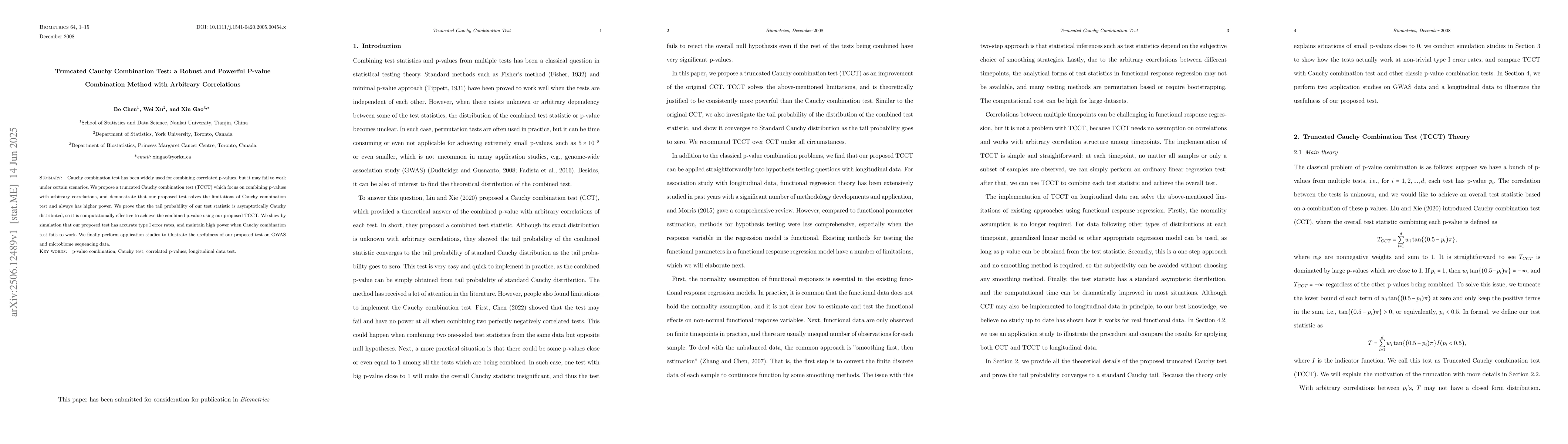 Thumbnail for Truncated Cauchy Combination Test: a Robust and Powerful P-value
  Combination Method with Arbitrary Correlations