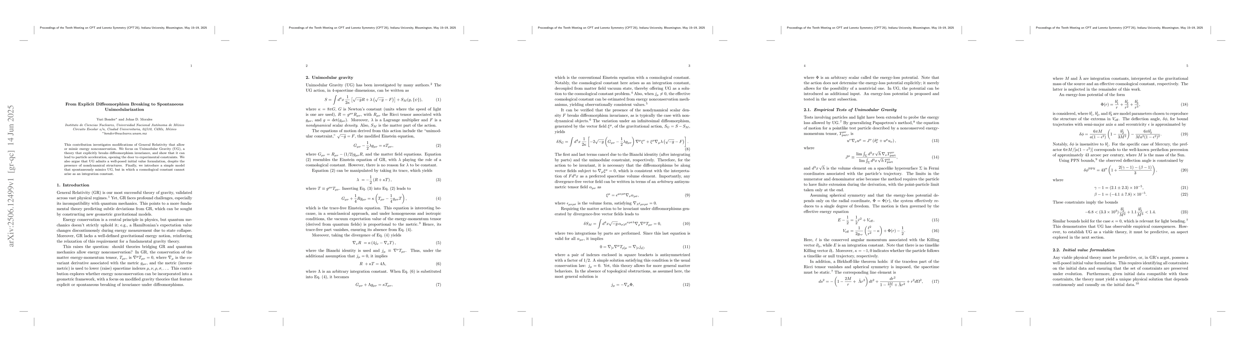 Thumbnail for From Explicit Diffeomorphism Breaking to Spontaneous Unimodularization