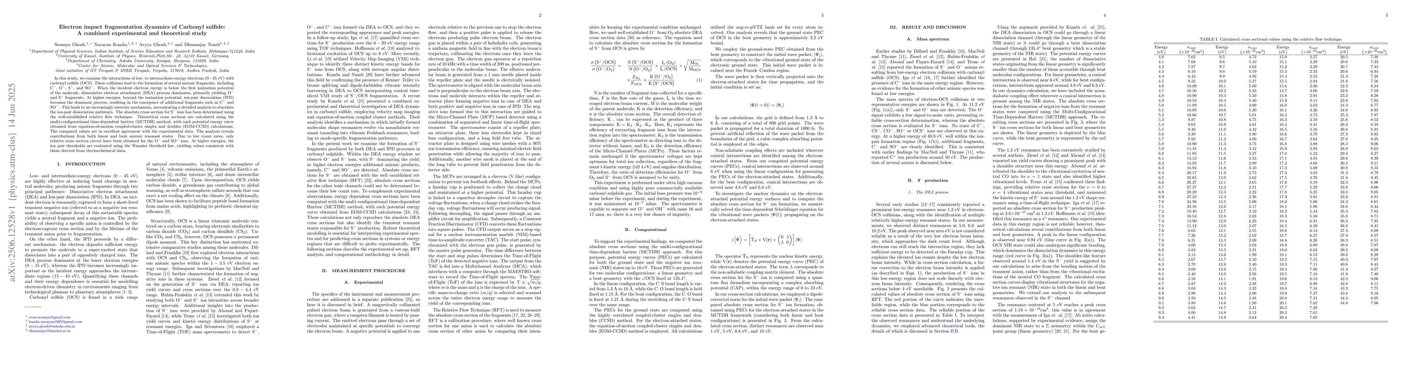 Thumbnail for Electron Impact Fragmentation Dynamics of Carbonyl Sulfide: A Combined
  Experimental and Theoretical Study