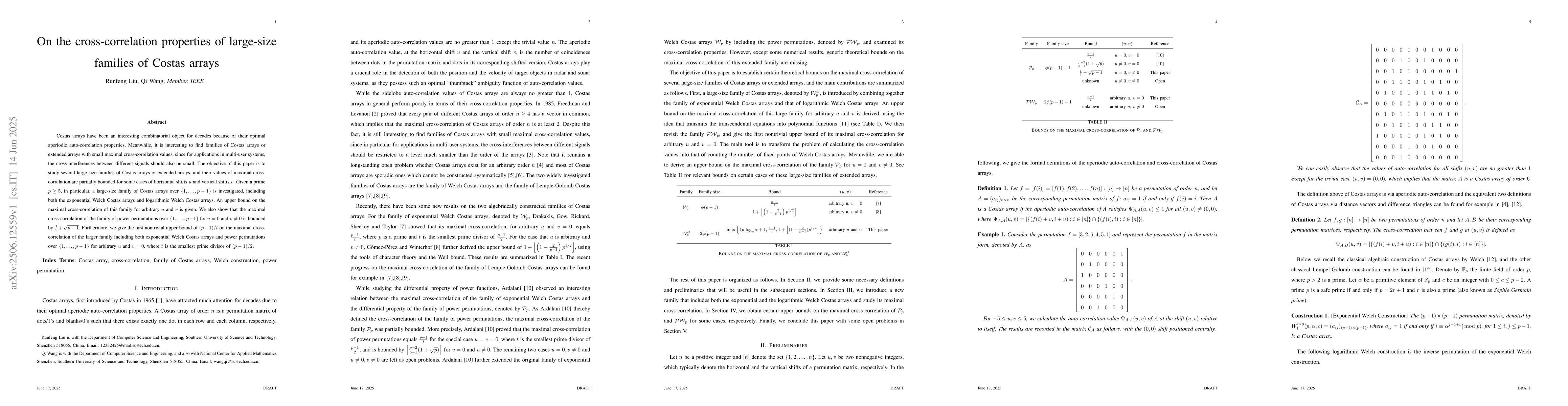 Thumbnail for On the cross-correlation properties of large-size families of Costas
  arrays
