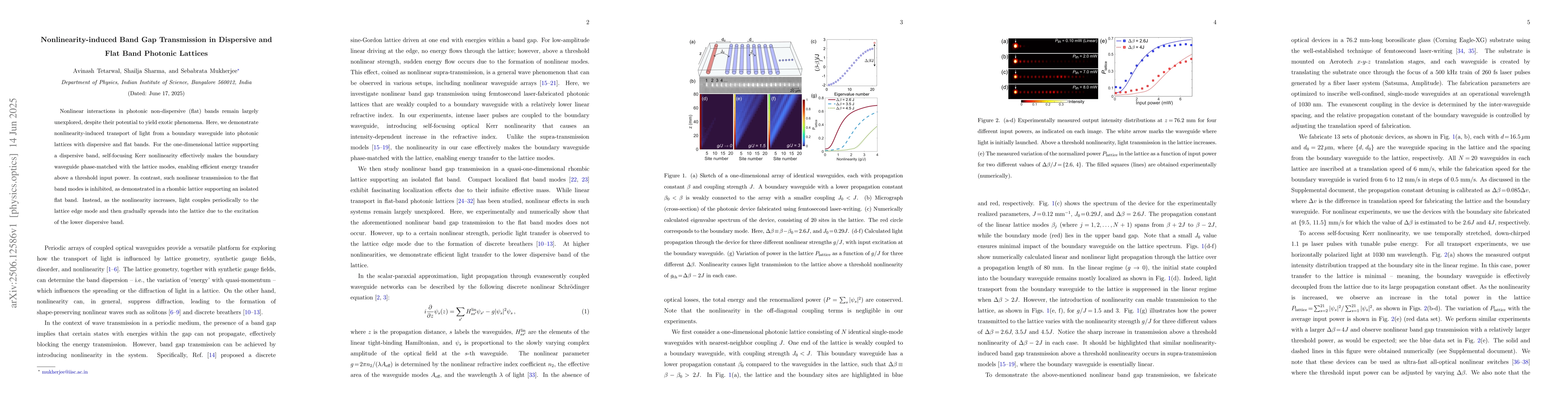 Thumbnail for Nonlinearity-induced Band Gap Transmission in Dispersive and Flat Band
  Photonic Lattices