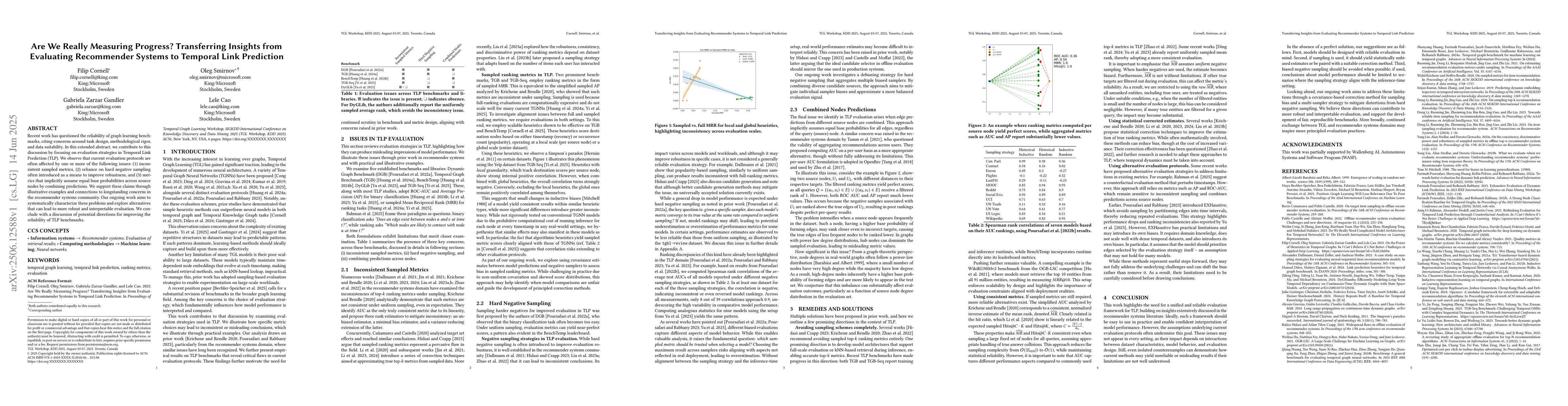 Thumbnail for Are We Really Measuring Progress? Transferring Insights from Evaluating
  Recommender Systems to Temporal Link Prediction