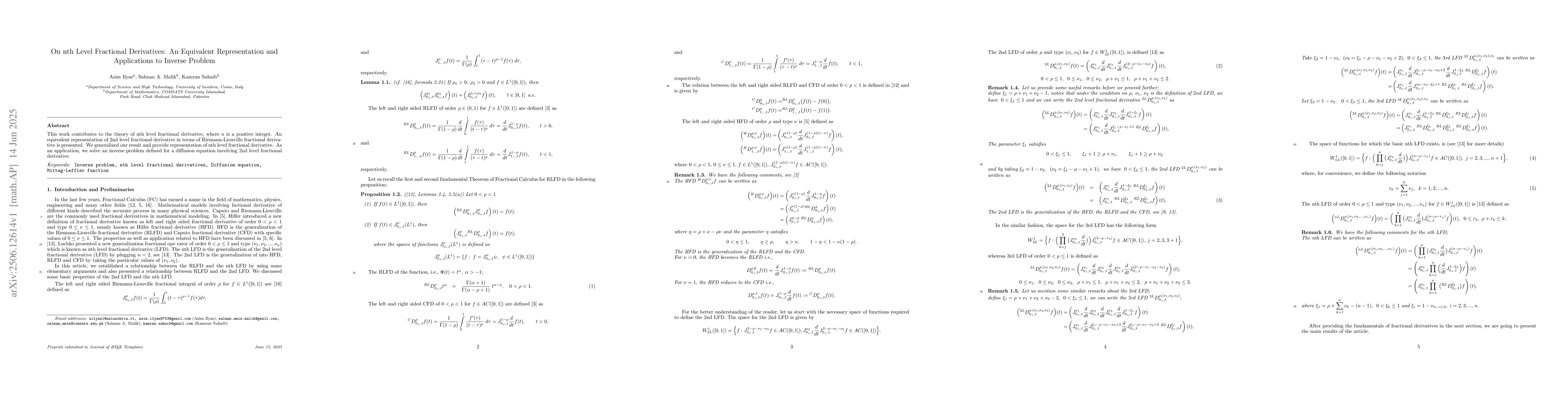Thumbnail for On nth Level Fractional Derivatives: An Equivalent Representation and
  Applications to Inverse Problem
