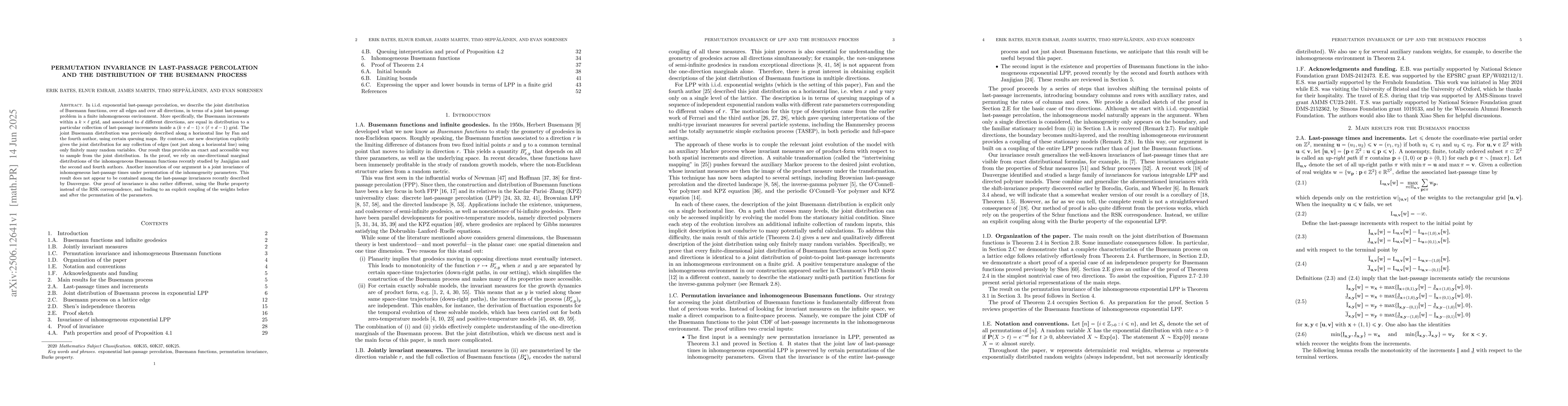 Thumbnail for Permutation invariance in last-passage percolation and the distribution
  of the Busemann process