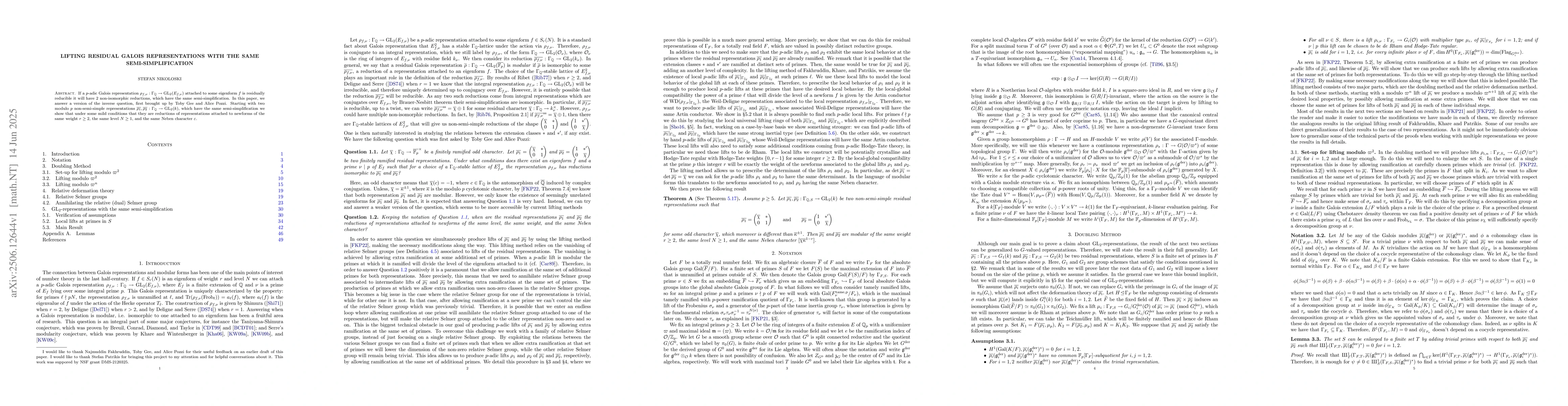 Thumbnail for Lifting residual Galois representations with the same
  semi-simplification