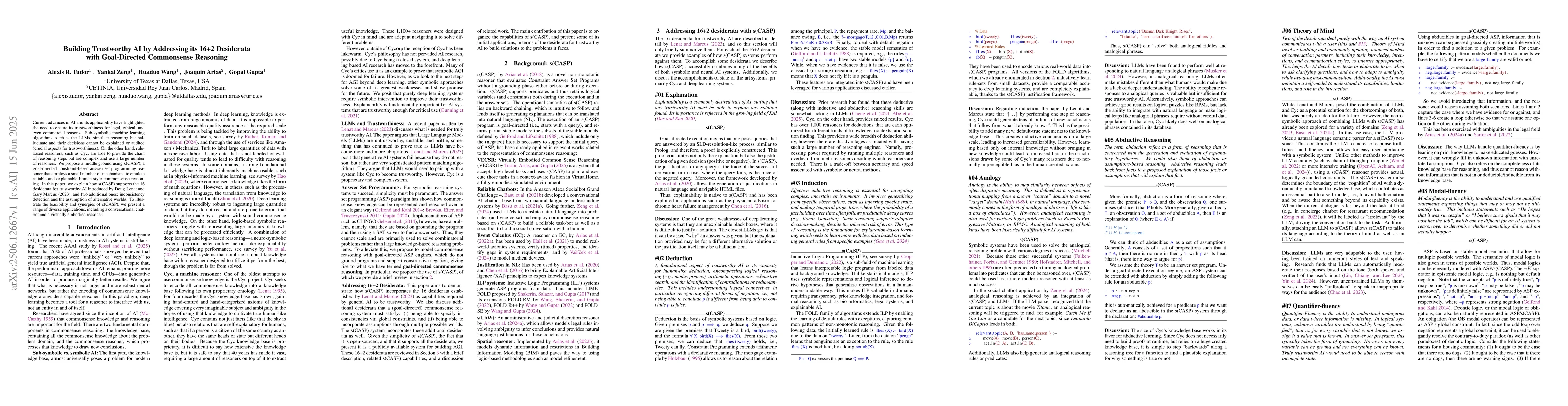 Thumbnail for Building Trustworthy AI by Addressing its 16+2 Desiderata with
  Goal-Directed Commonsense Reasoning