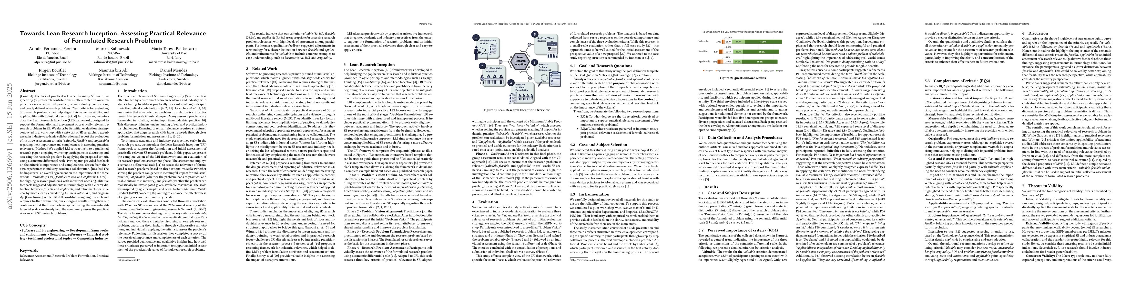 Thumbnail for Towards Lean Research Inception: Assessing Practical Relevance of
  Formulated Research Problems