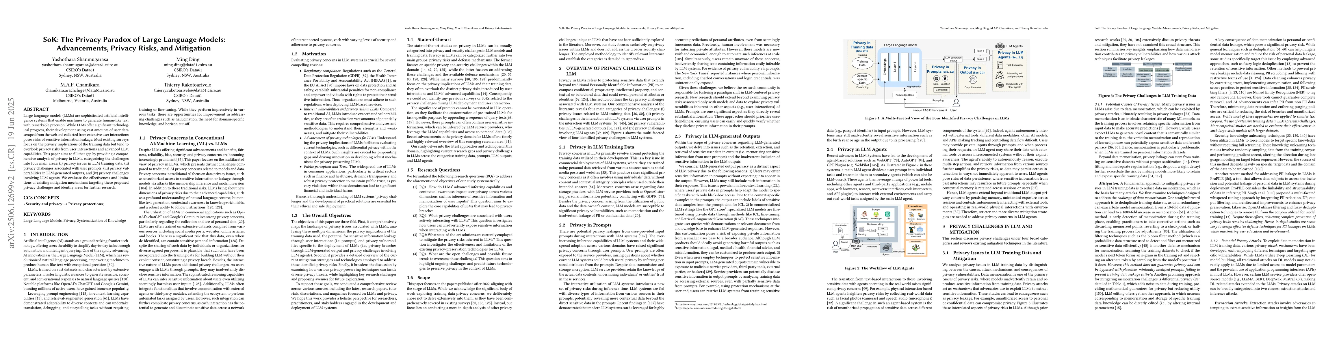 Thumbnail for SoK: The Privacy Paradox of Large Language Models: Advancements, Privacy
  Risks, and Mitigation
