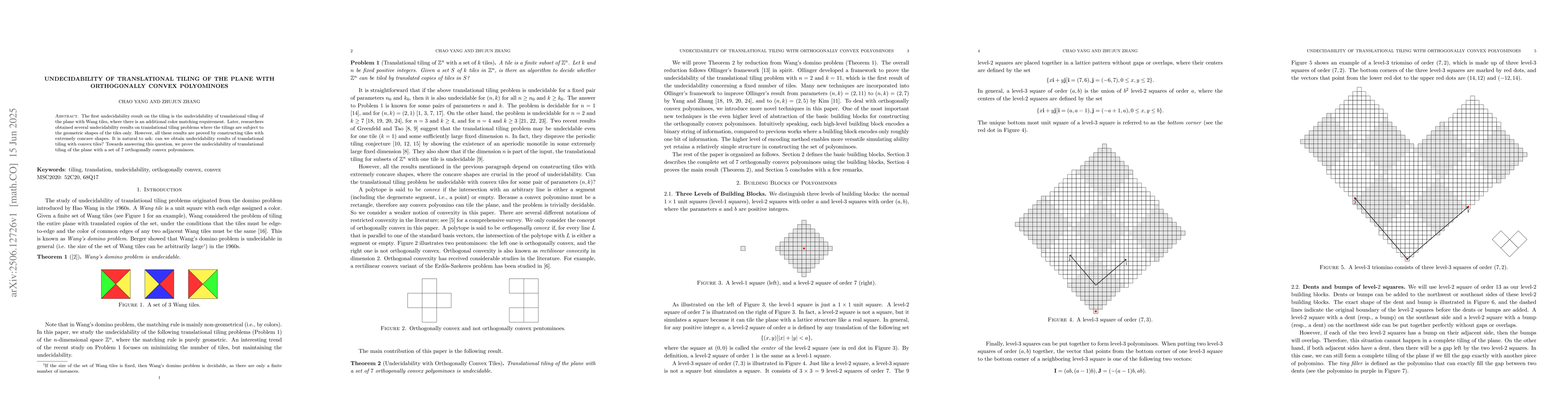Thumbnail for Undecidability of Translational Tiling of the Plane with Orthogonally
  Convex Polyominoes