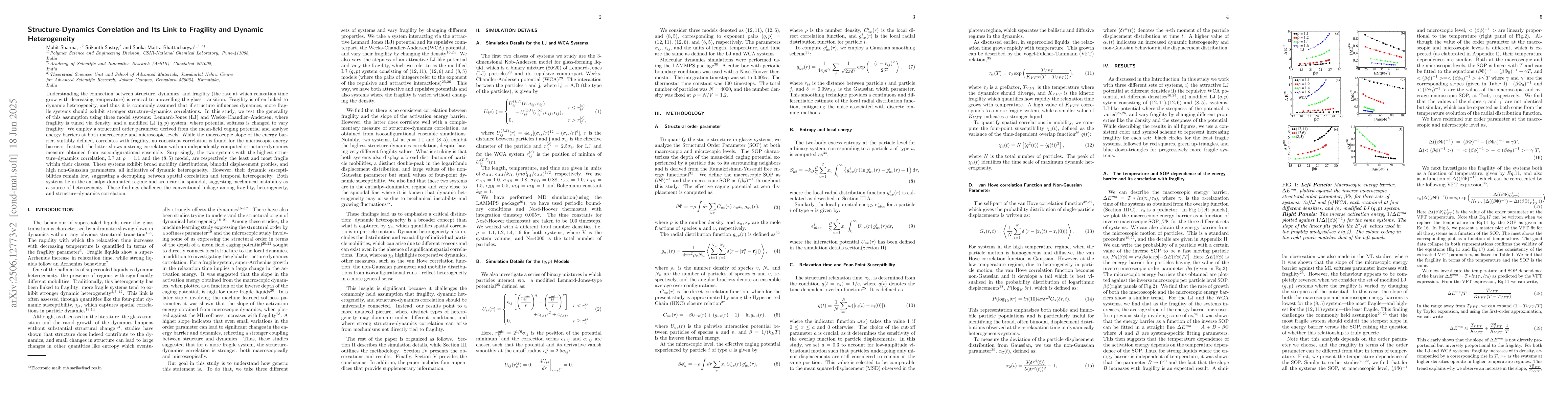 Thumbnail for Structure-Dynamics Correlation and Its Link to Fragility and Dynamic
  Heterogeneity
