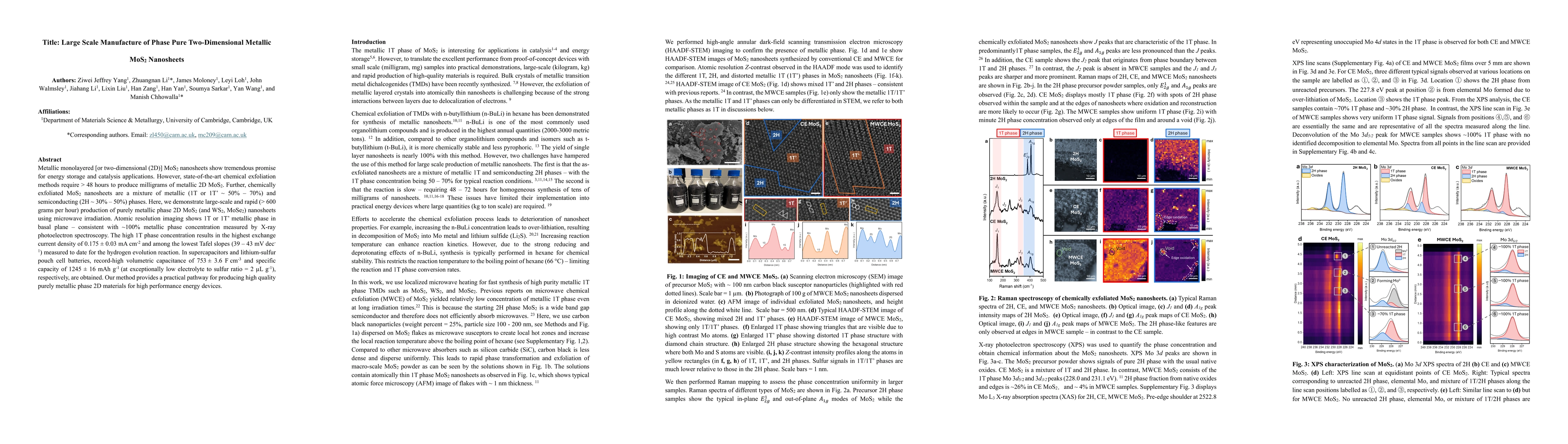 Thumbnail for Large Scale Manufacture of Phase Pure Two-Dimensional Metallic MoS2
  Nanosheets