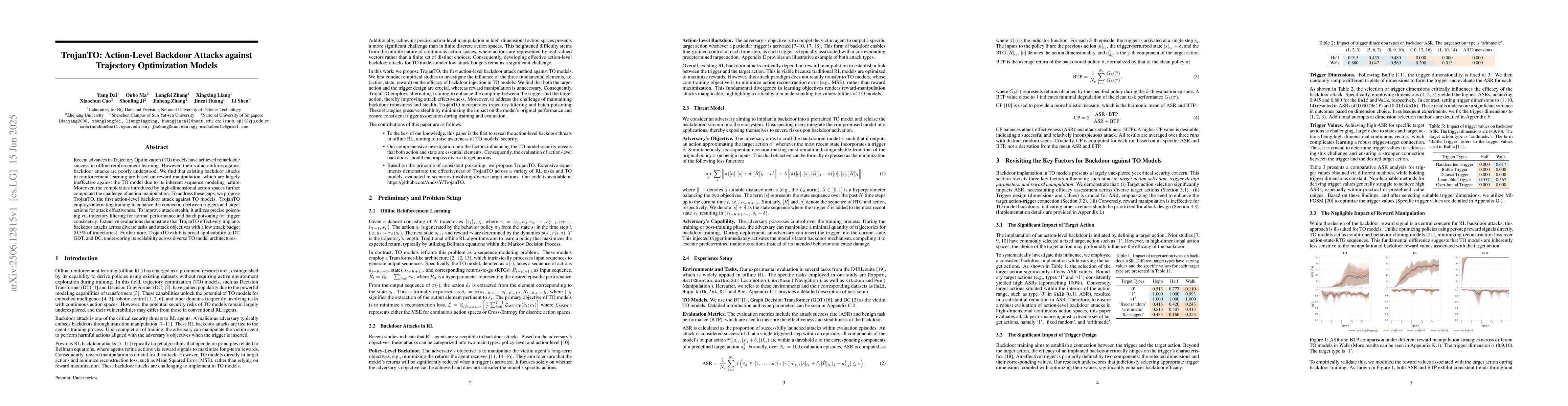 Thumbnail for TrojanTO: Action-Level Backdoor Attacks against Trajectory Optimization
  Models