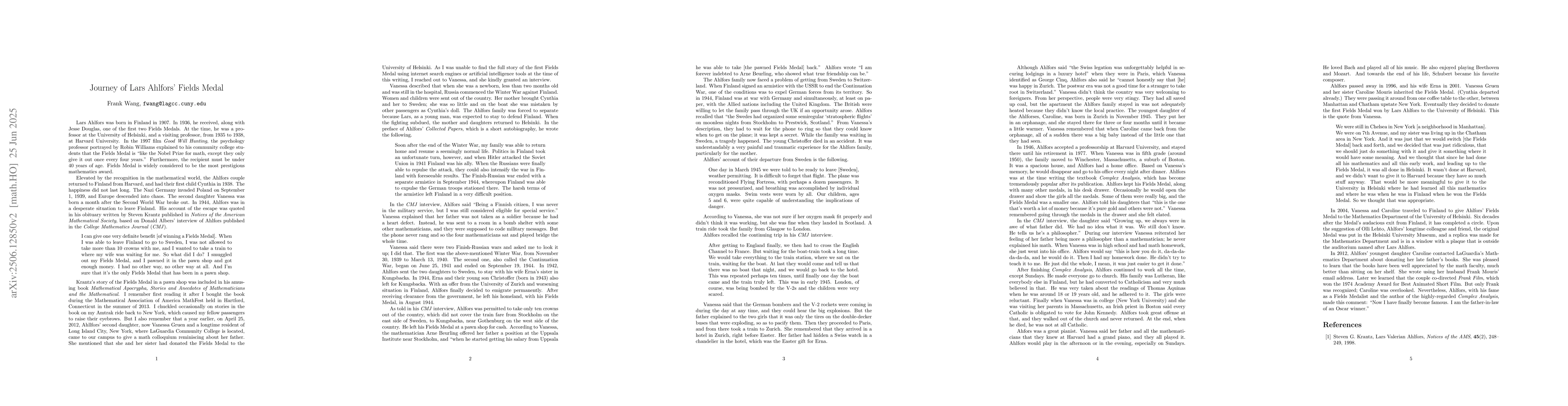 Thumbnail for Journey of Lars Ahlfors' Fields Medal