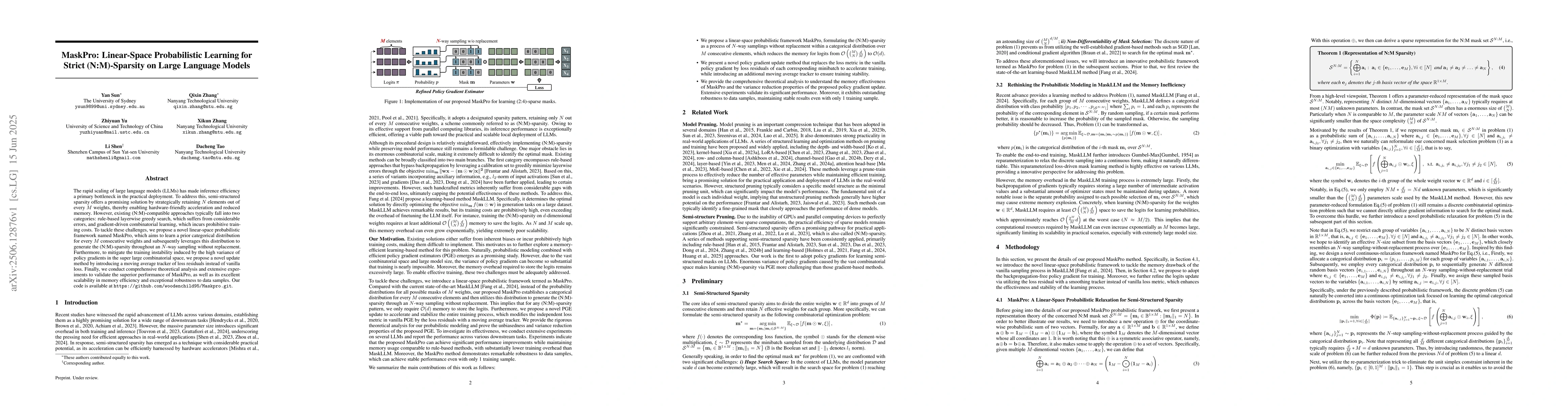 Thumbnail for MaskPro: Linear-Space Probabilistic Learning for Strict (N:M)-Sparsity
  on Large Language Models