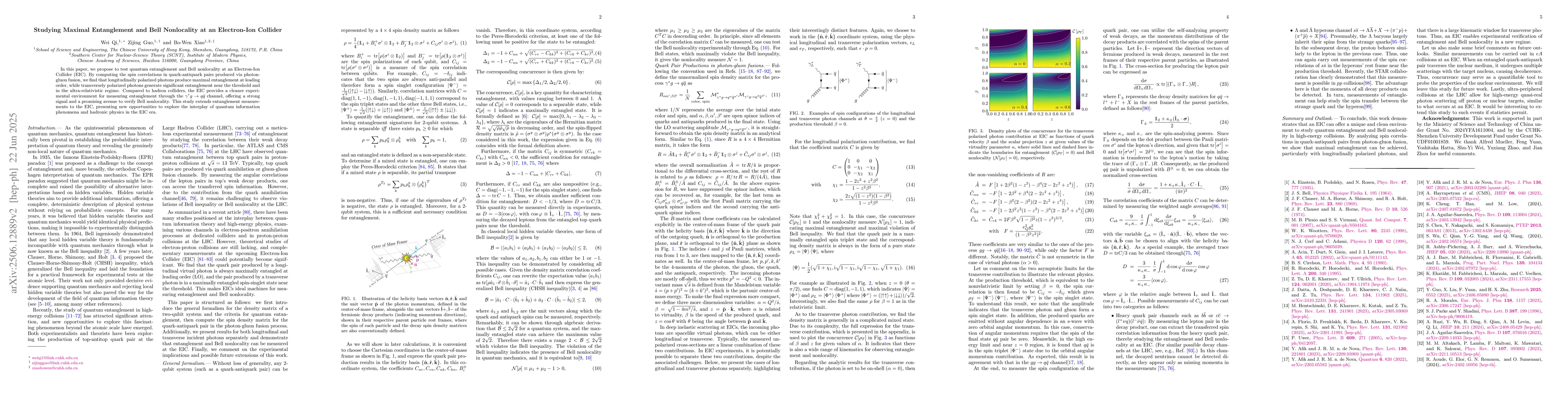 Thumbnail for Studying Maximal Entanglement and Bell Nonlocality at an Electron-Ion
  Collider