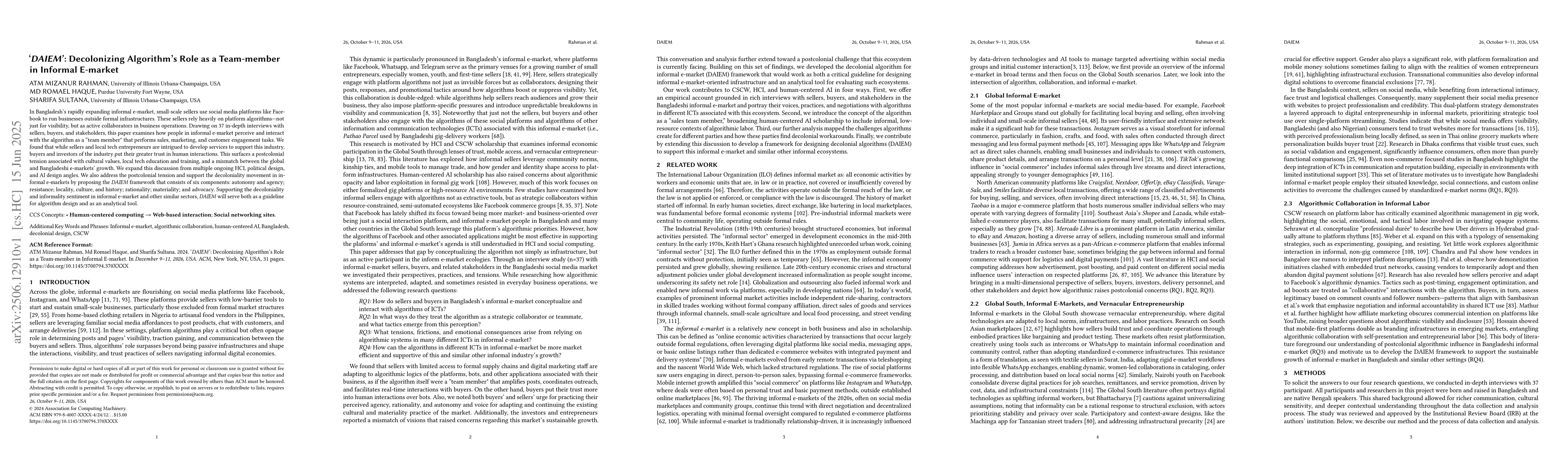 Thumbnail for DAIEM: Decolonizing Algorithm's Role as a Team-member in Informal
  E-market