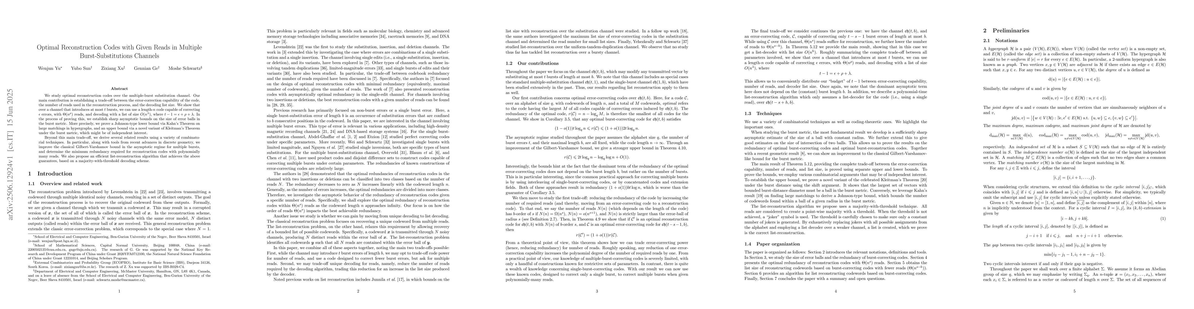 Thumbnail for Optimal Reconstruction Codes with Given Reads in Multiple
  Burst-Substitutions Channels