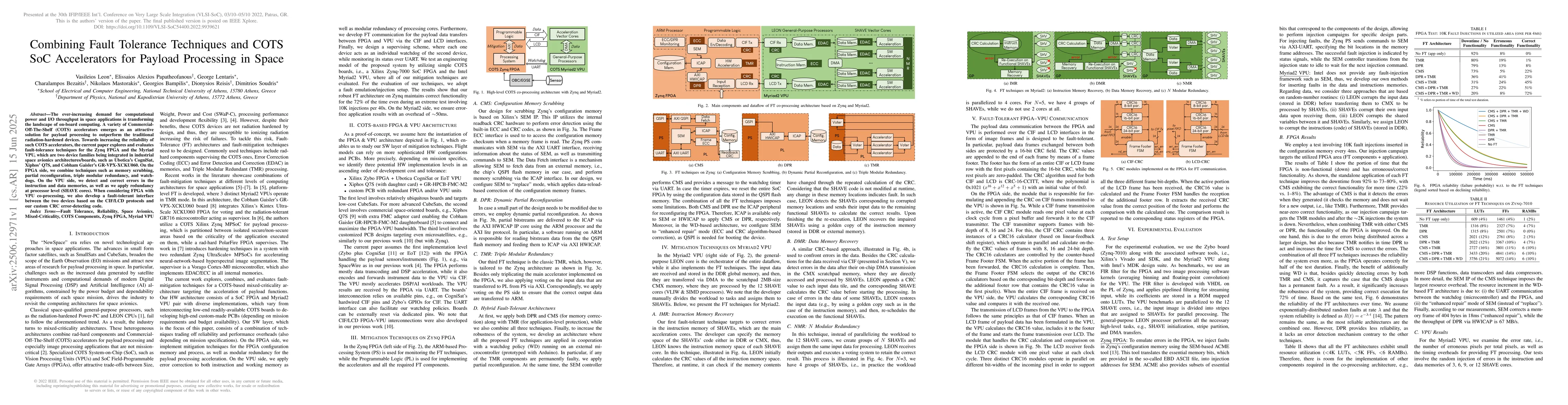 Thumbnail for Combining Fault Tolerance Techniques and COTS SoC Accelerators for
  Payload Processing in Space