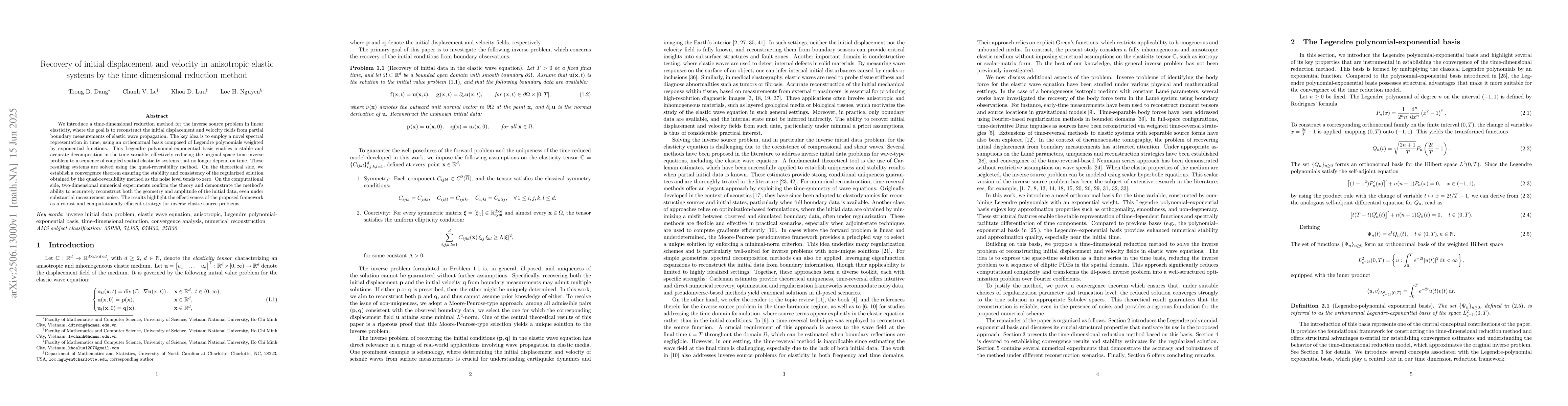 Thumbnail for Recovery of initial displacement and velocity in anisotropic elastic
  systems by the time dimensional reduction method