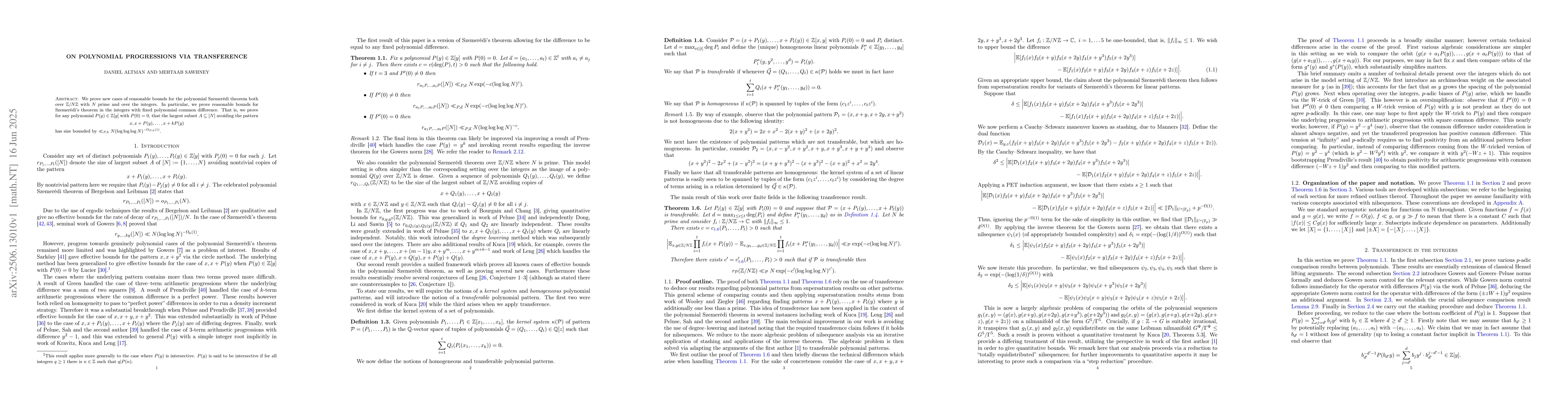 Thumbnail for On polynomial progressions via transference