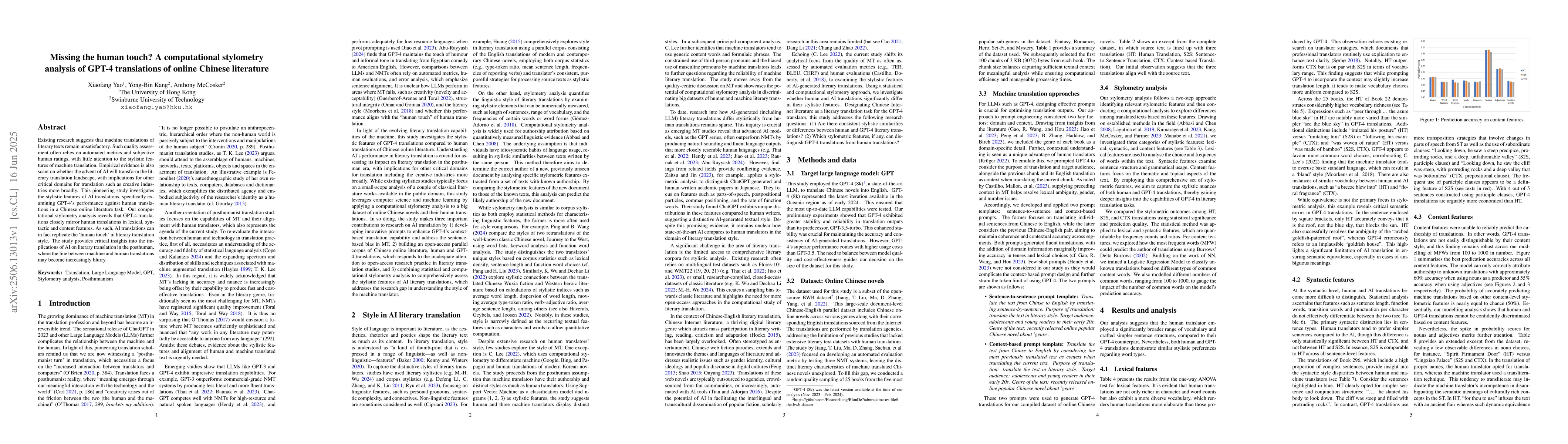 Thumbnail for Missing the human touch? A computational stylometry analysis of GPT-4
  translations of online Chinese literature