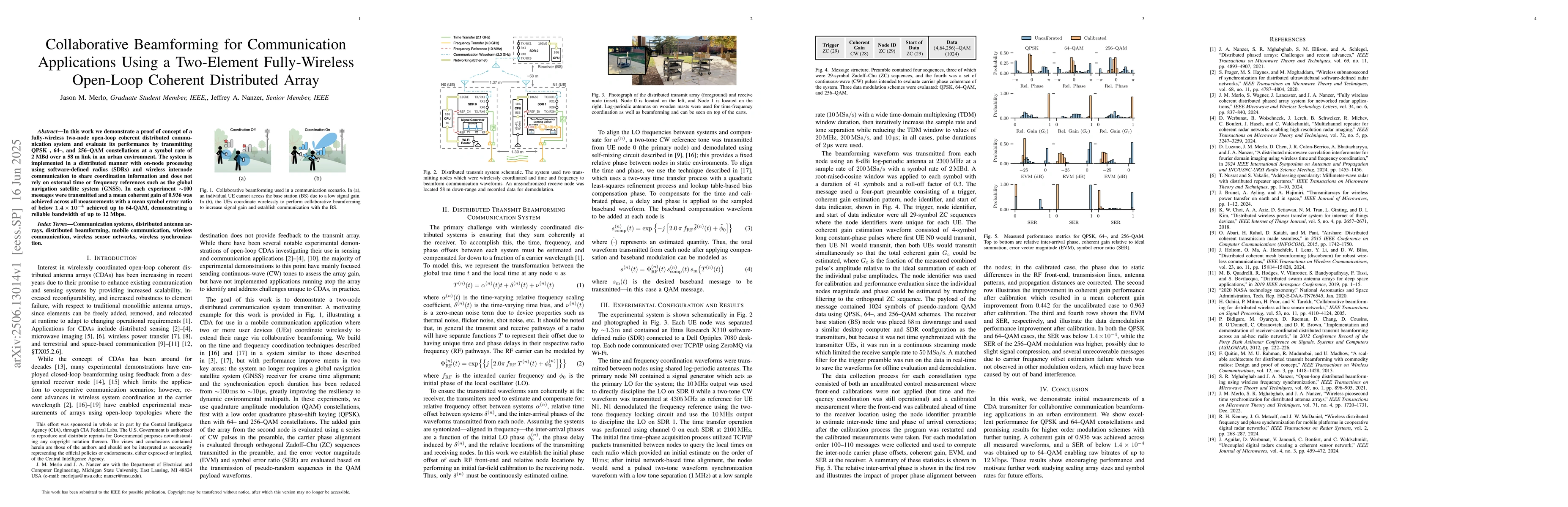 Thumbnail for Collaborative Beamforming for Communication Applications Using a
  Two-Element Fully-Wireless Open-Loop Coherent Distributed Array