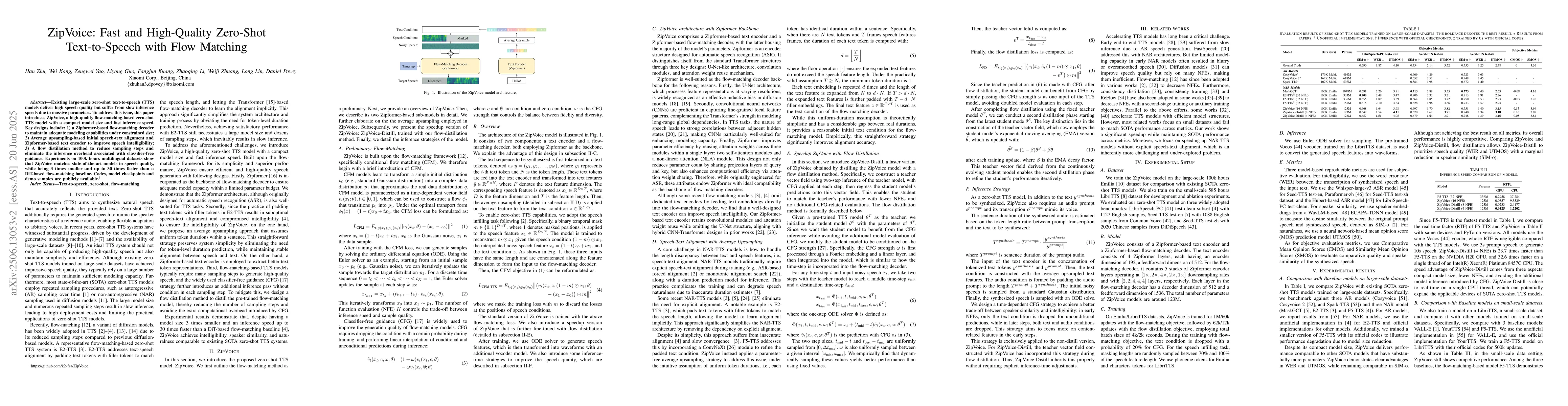 Thumbnail for ZipVoice: Fast and High-Quality Zero-Shot Text-to-Speech with Flow
  Matching