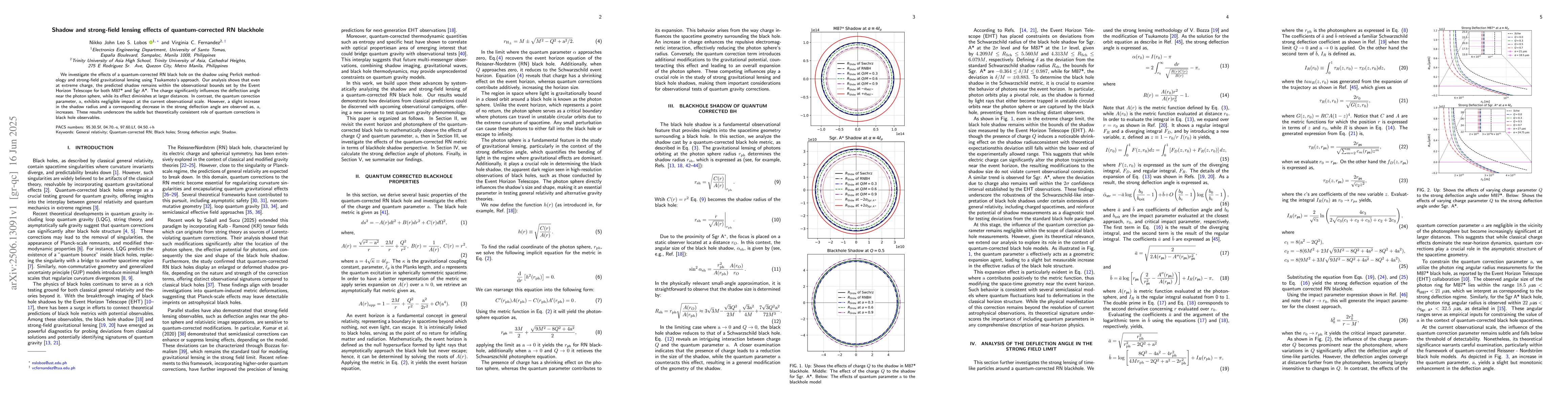 Thumbnail for Shadow and strong-field lensing effects of quantum-corrected RN
  blackhole
