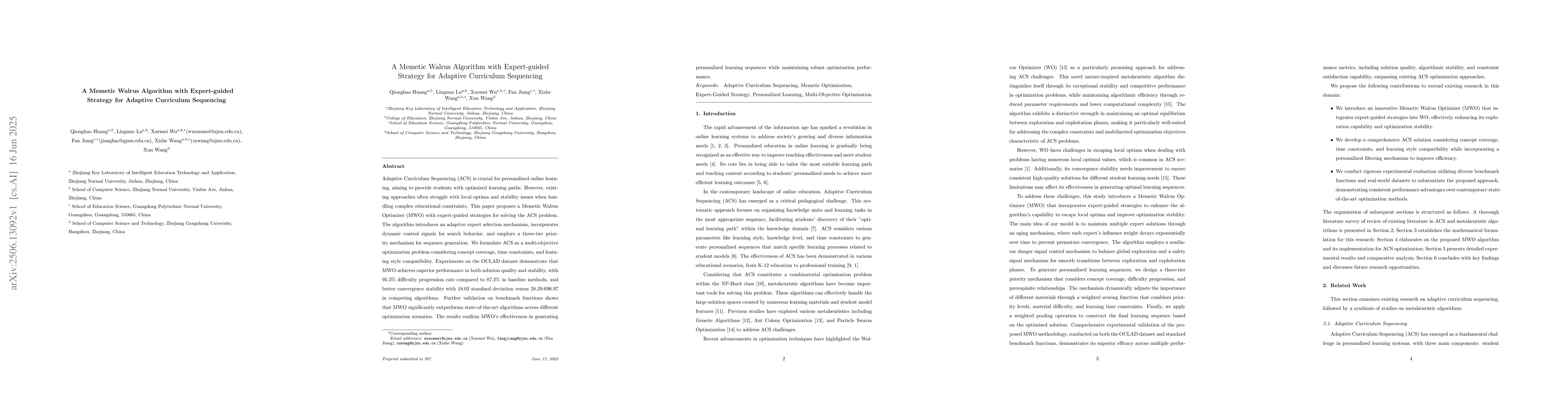 Thumbnail for A Memetic Walrus Algorithm with Expert-guided Strategy for Adaptive
  Curriculum Sequencing