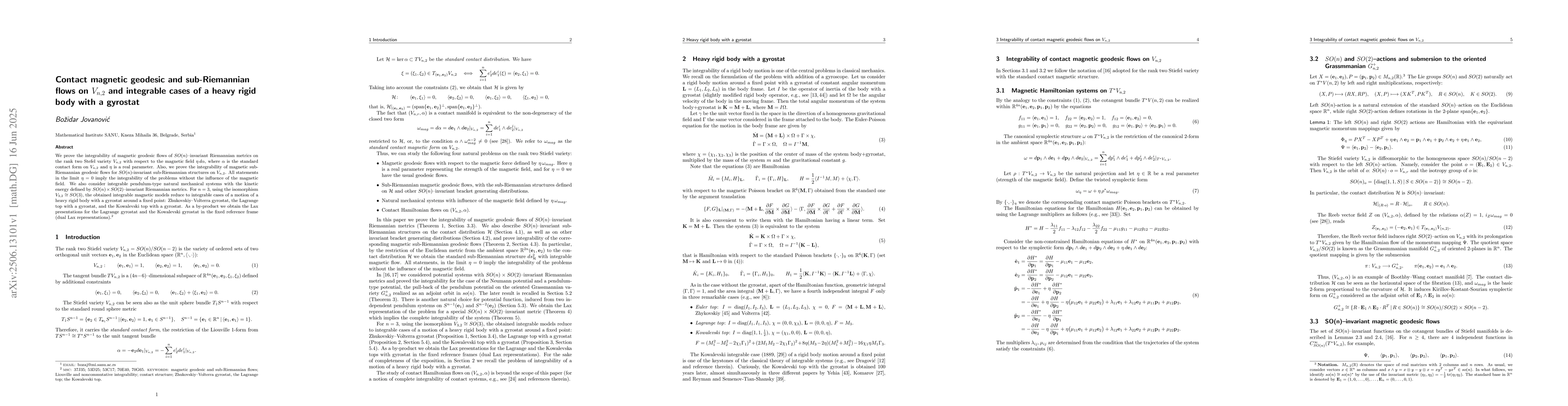 Thumbnail for Contact magnetic geodesic and sub-Riemannian flows on $V_{n,2}$ and
  integrable cases of a heavy rigid body with a gyrostat