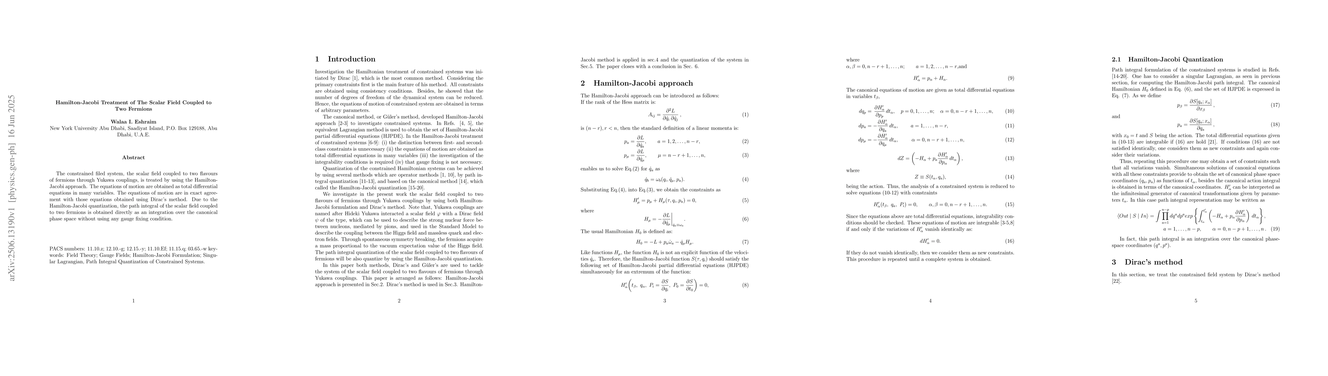 Thumbnail for Hamilton-Jacobi Treatment of The Scalar Field Coupled to Two Fermions