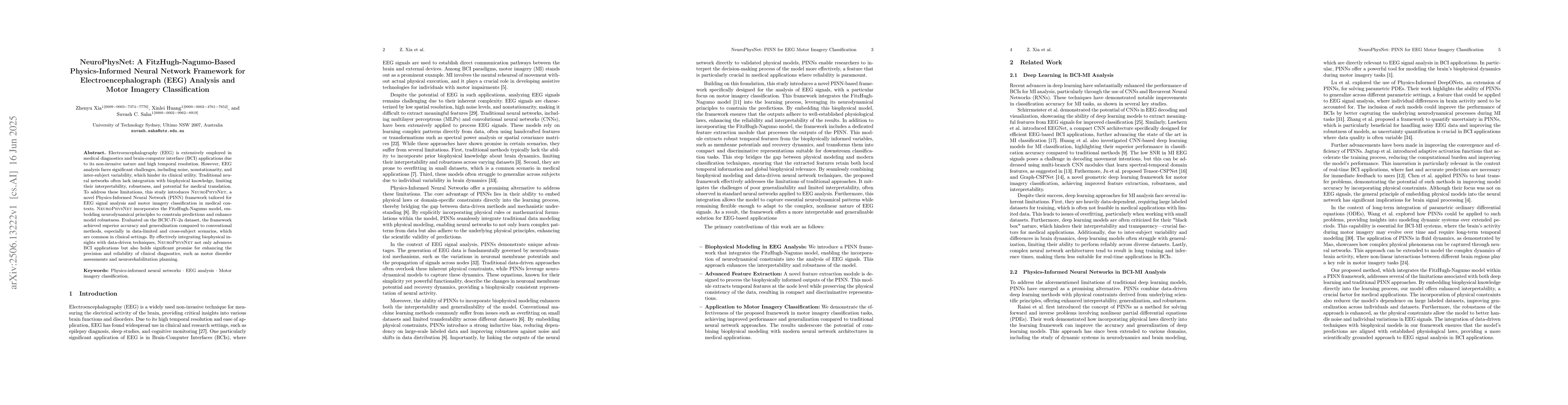 Thumbnail for NeuroPhysNet: A FitzHugh-Nagumo-Based Physics-Informed Neural Network
  Framework for Electroencephalograph (EEG) Analysis and Motor Imagery
  Classification
