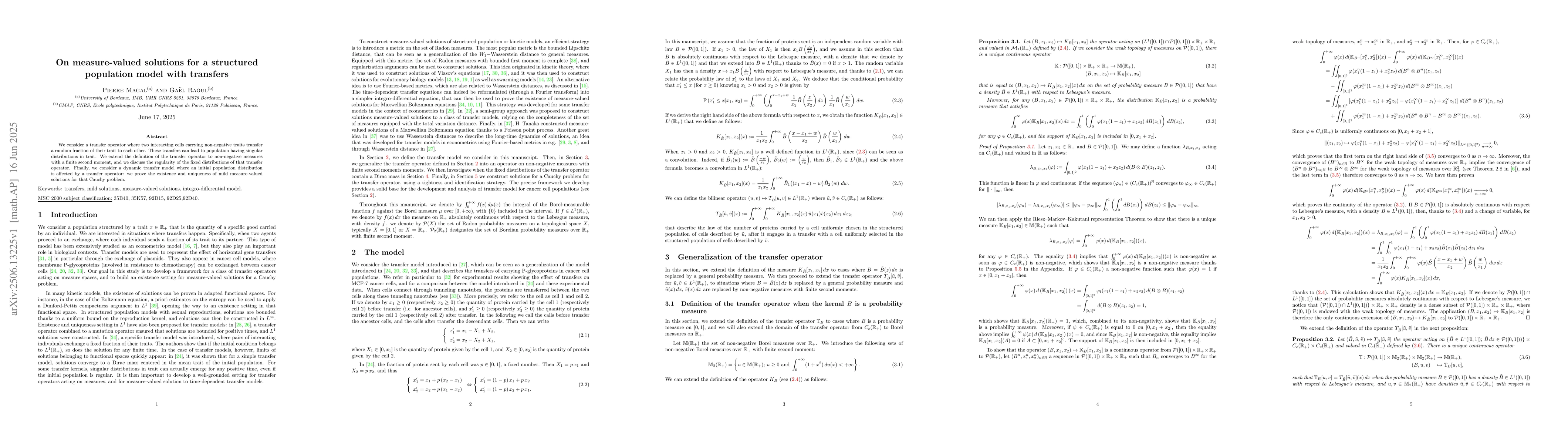 Thumbnail for On measure-valued solutions for a structured population model with
  transfers