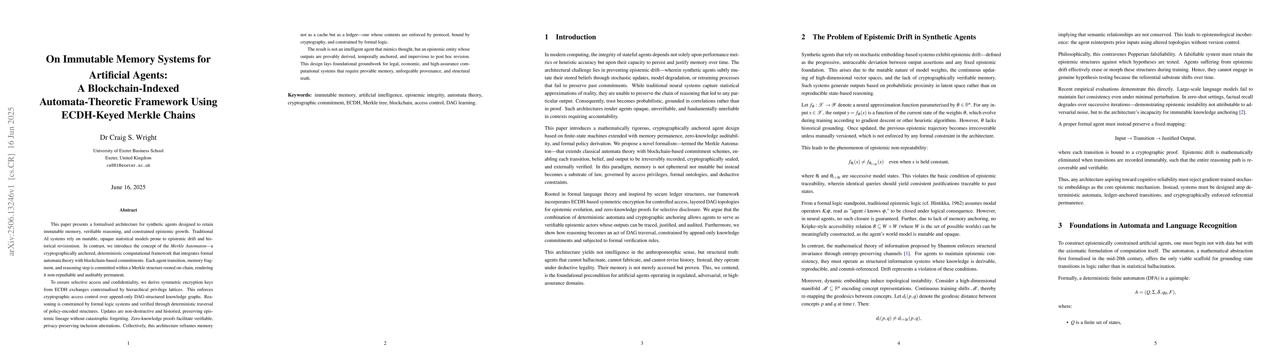 Thumbnail for On Immutable Memory Systems for Artificial Agents: A Blockchain-Indexed
  Automata-Theoretic Framework Using ECDH-Keyed Merkle Chains