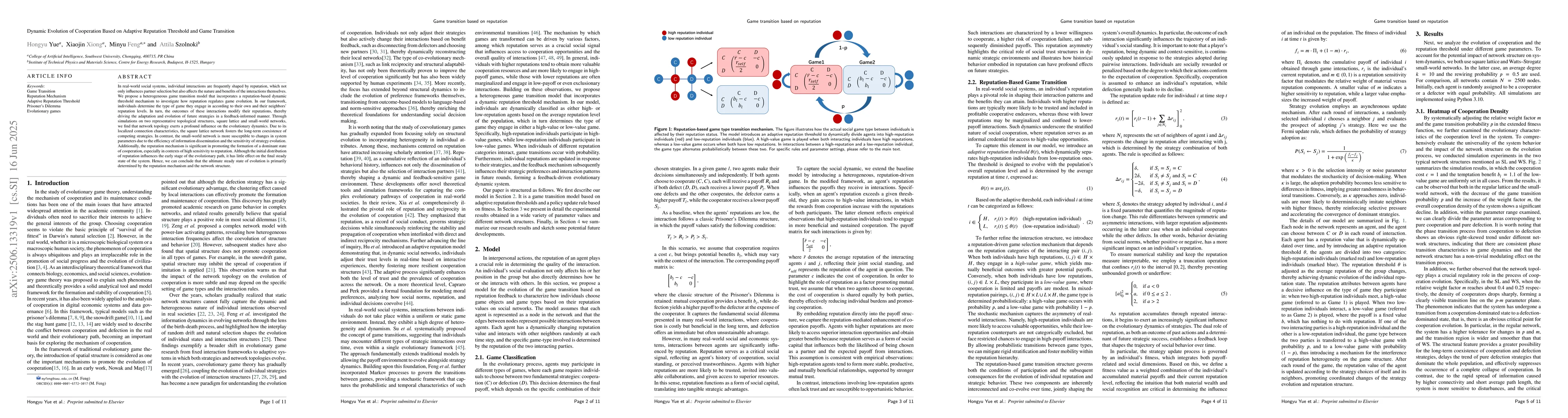 Thumbnail for Dynamic Evolution of Cooperation Based on Adaptive Reputation Threshold
  and Game Transition