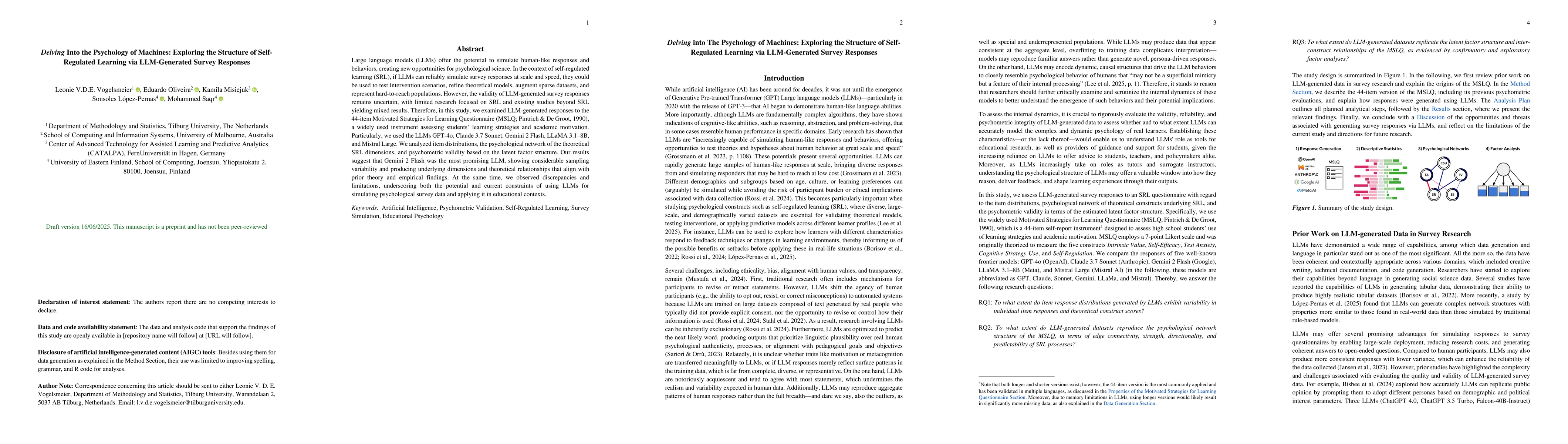 Thumbnail for Delving Into the Psychology of Machines: Exploring the Structure of
  Self-Regulated Learning via LLM-Generated Survey Responses