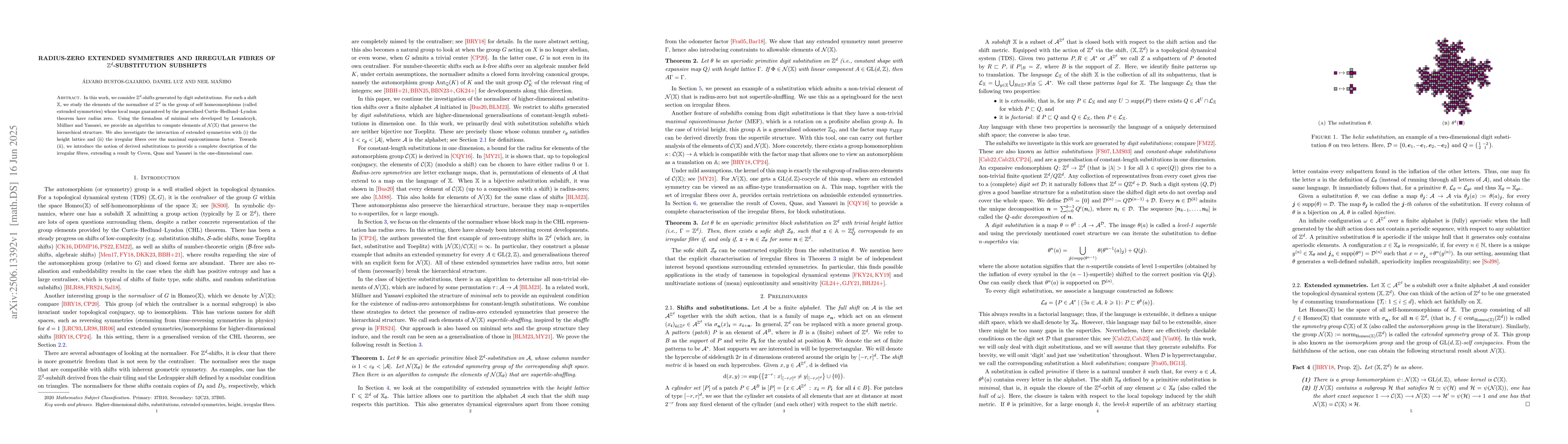 Thumbnail for Radius-zero Extended Symmetries and Irregular Fibres of
  $\mathbb{Z}^d$-Substitution Subshifts