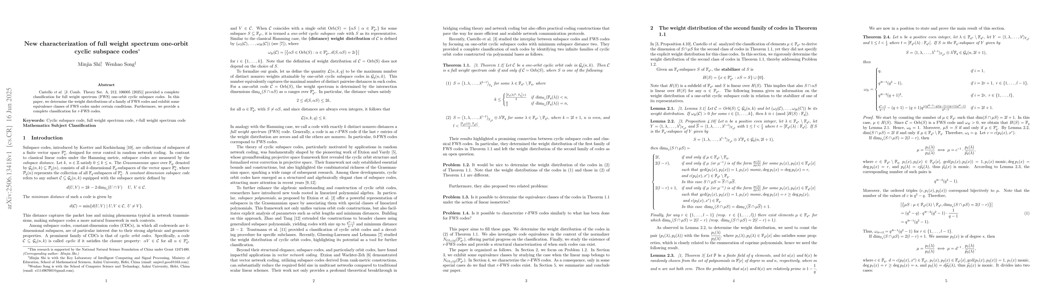 Thumbnail for New characterization of full weight spectrum one-orbit cyclic subspace
  codes