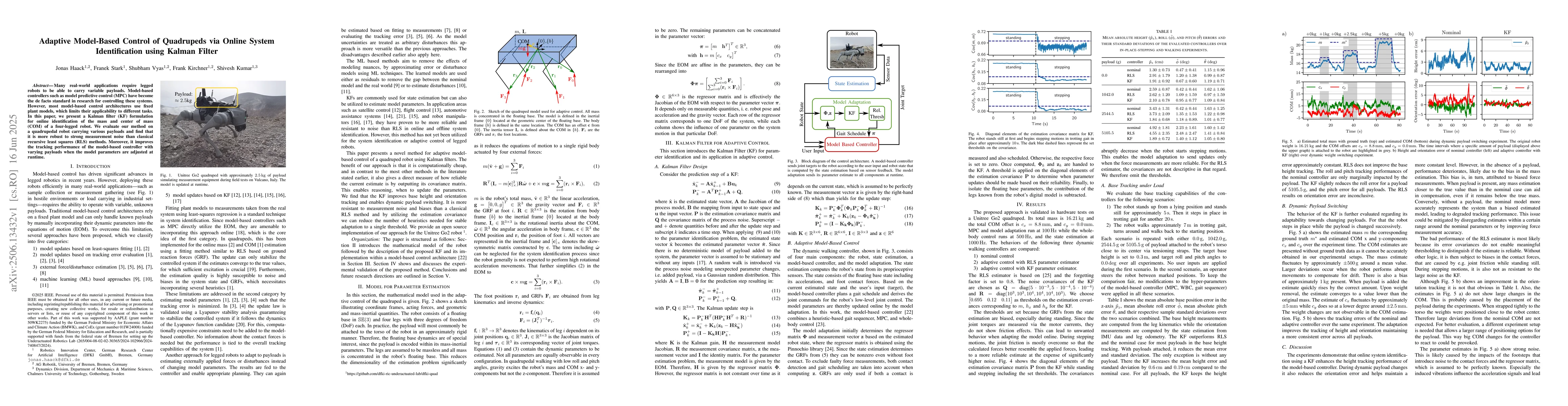 Thumbnail for Adaptive Model-Base Control of Quadrupeds via Online System
  Identification using Kalman Filter