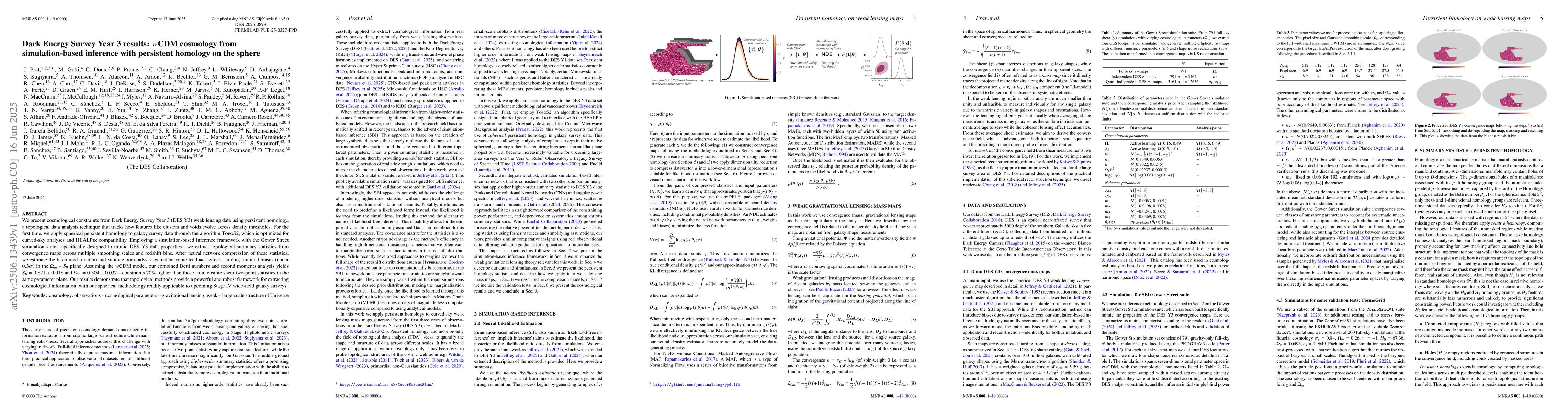 Thumbnail for Dark Energy Survey Year 3 results: $w$CDM cosmology from
  simulation-based inference with persistent homology on the sphere